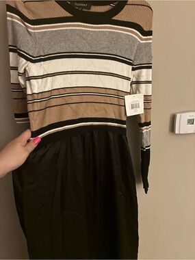 Ellen Tracy Long Sleeve Striped Knit Top with Black Skirt